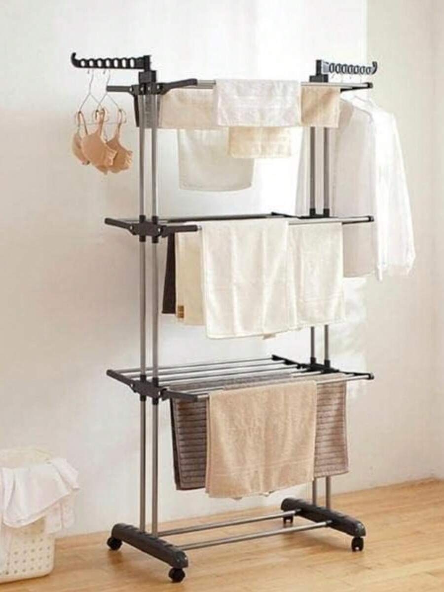 Multi-Tier Folding Clothes Drying Rack With Hanger - 黑色 - 查看 1