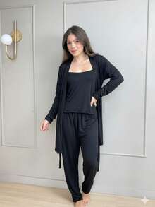 Women's Pajama Set With Robe In Comfortable, Casual, And Elegant Suede Knit - 黑色 - 查看 2