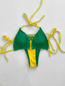 Swim Mod Women's 2 Pieces Bikini Set, Brazilian Flag Print, Reversible, Halter Tie Design, Perfect For New Year And Christmas - Beach Vacation - Multicolor - View 5