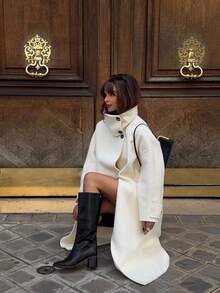 Elegant Women's Long White Coat, High Collar Design, Front Button Opening, The Perfect Winter Fashion Choice - Apricot - View 1