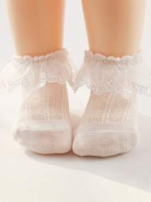 1 par de calcetines cortos de malla transpirables y suaves con adorno de encaje rosa/blanco para niñas bebé, aptos para uso diario - Rosa - Ver 2