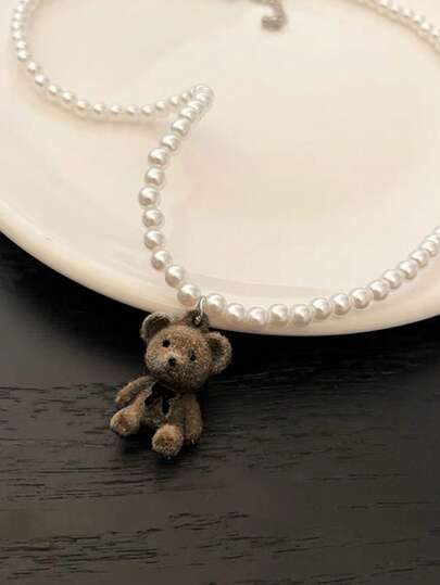 1 pieza Collar con oso de peluche y decoración de perlas, cadena versátil para suéter