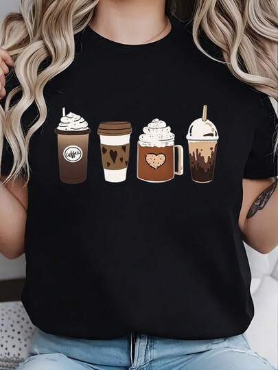 Camiseta de mujer con estampado de taza de café negra y blanca, ideal para uso casual en casa, diseño elegante y cómodo.