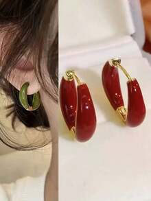 1 Pair Classic European And American Fashion Red And Green Enamel Hoop Earrings, Minimalist Versatile Earrings For Women, Autumn/Winter Unique High-End Earrings - Multicolor - View 11