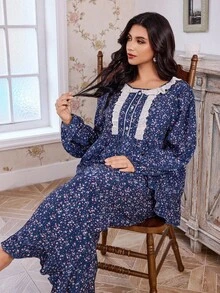 Plus Size Women Ditsy Floral Patchwork Contrast Color Embroidered Lace Trim Long Sleeve Pajama Set - Multicolor - View 4
