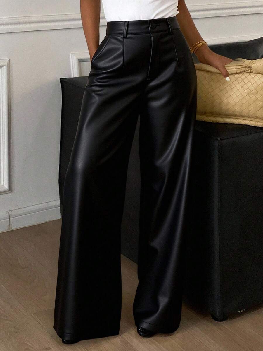Livesso Pantalones de traje de pierna ancha con bolsillo en ángulo, atuendo de negocios - Negro - Ver 1