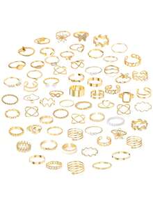 68/66/27/24/21pcs Fashionable, Minimalist, Elegant, Exquisite, Retro Design Geometric Buckle, Flower, Heart, Rhinestone, Bling Bling, Faux Pearl, Drip Oil, Infinity Symbol, Star, Butterfly, Wave, Polygon, Multi-Layer, Spring, Tassel, Round Disc, Round Bead, Square Hollow Design, Snake Shape, Smooth, Minimalist Metal Ring Set, Suitable For Holiday, Party, Date, Gift, Daily Wear - Yellow Gold - View 4