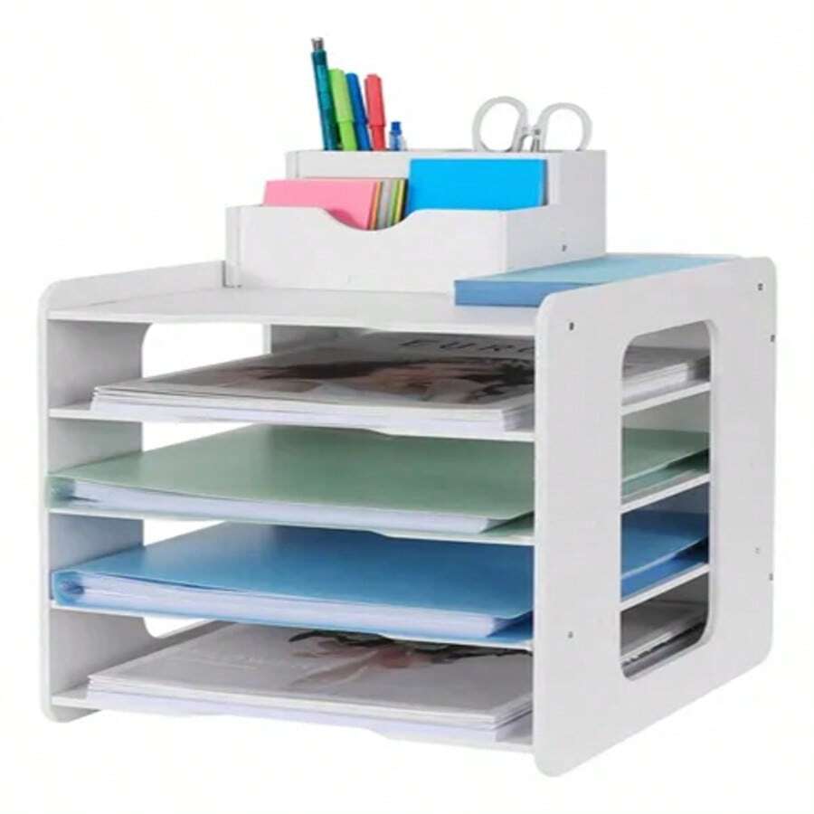Archivador de sobremesa de plástico moderno de 5 capas Organizador de documentos de sobremesa para oficina de estudio - Blanco - Ver 1