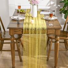 Light Yellow Gold Gauze Table Runner 120 Inch 10FT, Glitter Metallic Foil Sheer Dining Wedding Anniversary Holiday Birthday Table Decor For Home Party,28inchx120inch,Yellow - Màu vàng - Xem 3