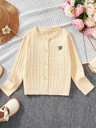 女童优雅刺绣开衫毛衣，圆领长袖纽扣纯色扭结针织上衣，休闲学院风英伦风保暖外套，适合3-12岁女孩，春、秋、冬季皆宜。