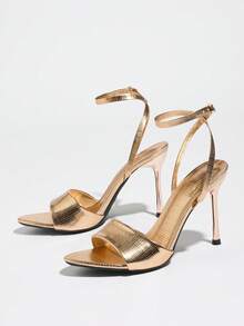 Women's High Heels, Suitable For Spring, Summer, Night Parties, Travel, Shopping, Gatherings, Runway, Commuting, Dances, Dates, Fashion Elegant Occasions. Adjustable Ankle Strap, Pointed Toe, Thin High Heel, Solid Color, Snake Skin Texture, Mirror Finish, Comfortable Material, Matching Autumn Dresses, Skirts, Formal Wear. Sexy, Avant-Garde, Elegant, Luxurious, Fresh, Steady, High-End, Flattering, Champagne Color High Heel Sandals - Champagne - View 5