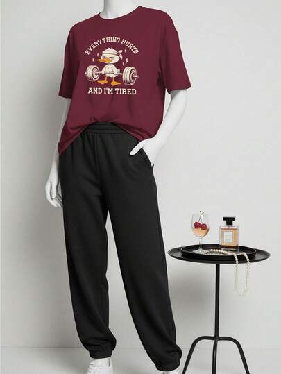 Duck Lifting Dumbbell Women's Casual Drop Shoulder Short Sleeve T-Shirt And Pants Set, Summer Fashion Outfit, Suitable For Chinese New Year, Lunar New Year, Year Of The Horse, Spring Festival, Happy New Year, Valentine's Day, Valentine's Day Gift, Gift For Her