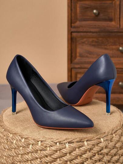 MonaNise Tacones de punta cómodos para mujer, albaricoque, azul marino, tacón fino de 9 cm, moda, vacaciones, viajes, casual, versátil, punta cerrada, marrón retro, negro