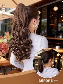 20-24英寸长波浪卷合成假发马尾接发，爪夹式，浅棕色，适合日常佩戴 - 棕色 - 查看 7