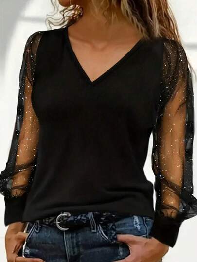 黑色杏仁领亮片网纱透视长袖上衣，性感透视灯笼袖设计，亲肤显瘦百搭T恤，春秋季约会/通勤优雅打底衫，小众设计，闪光雪纺拼接袖，适合婚礼/派对场合