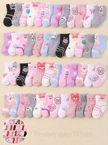 24 Pairs Baby Girls/Kids Socks With Colorful Rabbit, Bear, Butterfly,Heart Patterns, Soft Comfortable Breathable Mid-Calf Socks, Casual Versatile Student Sports Socks, Random Style And Color For Back To School & Daily Wear,Holiday Party