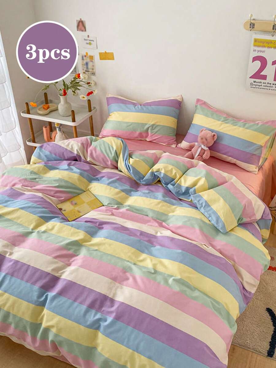 3pcsRainbow Stripes, Plaid,Girls, School Students, Small Fresh, Boys And Girls,Dormitory Dress-Upsuper Soft, Lovely, Four Seasons, Sanding Quilt Cover, Home Bedding, Kit, Excluding Quilt Core,Twin Queen King - Multicolor - View 1
