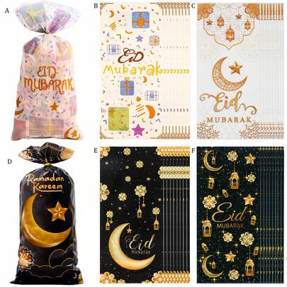 50 piezas/51 piezas/100 piezas Bolsas de caramelos con luna Eid Mubarak, decoración del hogar para Ramadán, celebración de Eid, bolsas de recuerdos para fiesta de Eid