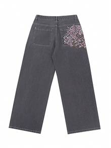 Hot Fashion Cherry Blossom Embroideied On Fake Pocket Men's Jeans Baggy Loose Fit Denim Pants - Grey - View 4