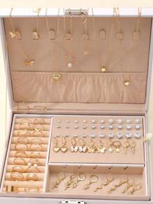 76件套优雅仿珍珠耳环、蝴蝶、玫瑰、月亮、星星项链、镂空心形、螺旋形、8字形戒指首饰套装，是送给女孩、日常佩戴、通勤、家人、女朋友的理想礼物（无包装盒） - 金黃色 - 查看 18