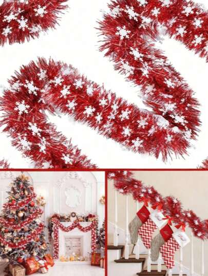 200厘米红色闪亮雪花金属铝箔流苏花环，圣诞树装饰花环，适用于节日派对背景、圣诞主题、中心装饰品、圣诞树花环装饰