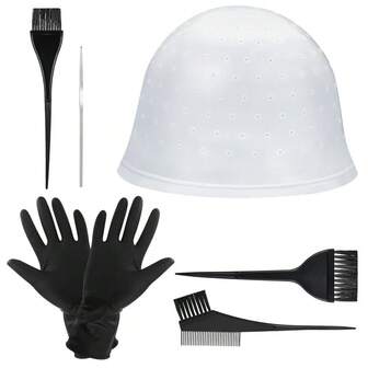 一套染发工具（1个挑染帽、1副手套、3把染发刷、1根钩针），硅胶挑染帽，美发造型工具套装