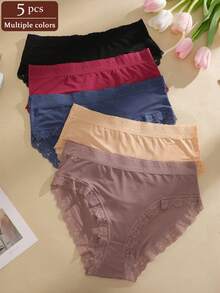 5pcs/Set Solid Color High Waist Lace Patchwork Briefs Panties Set For Women - Multicolor - View 4