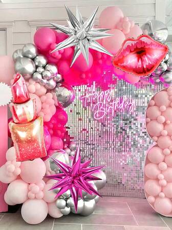 111pcs/Set Princess Makeup Theme Pink & Silver Balloon Garland Arch Set, Includes Lipstick, Lips, Silver & Hot Pink Foil Explosion Star Balloons, Hot Pink & Silver Pink Foil Balloons, Suitable For Makeup Theme, Birthday Party Decor, Bridal, Bachelorette, Anniversary, Graduation Party Decoration