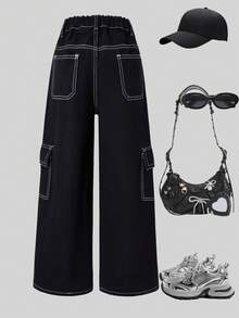 少女纯色休闲工装阔腿牛仔裤 - 黑色 - 查看 2