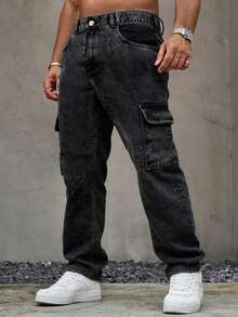 男士时尚工装口袋直筒宽松休闲牛仔裤 - 黑色 - 查看 1
