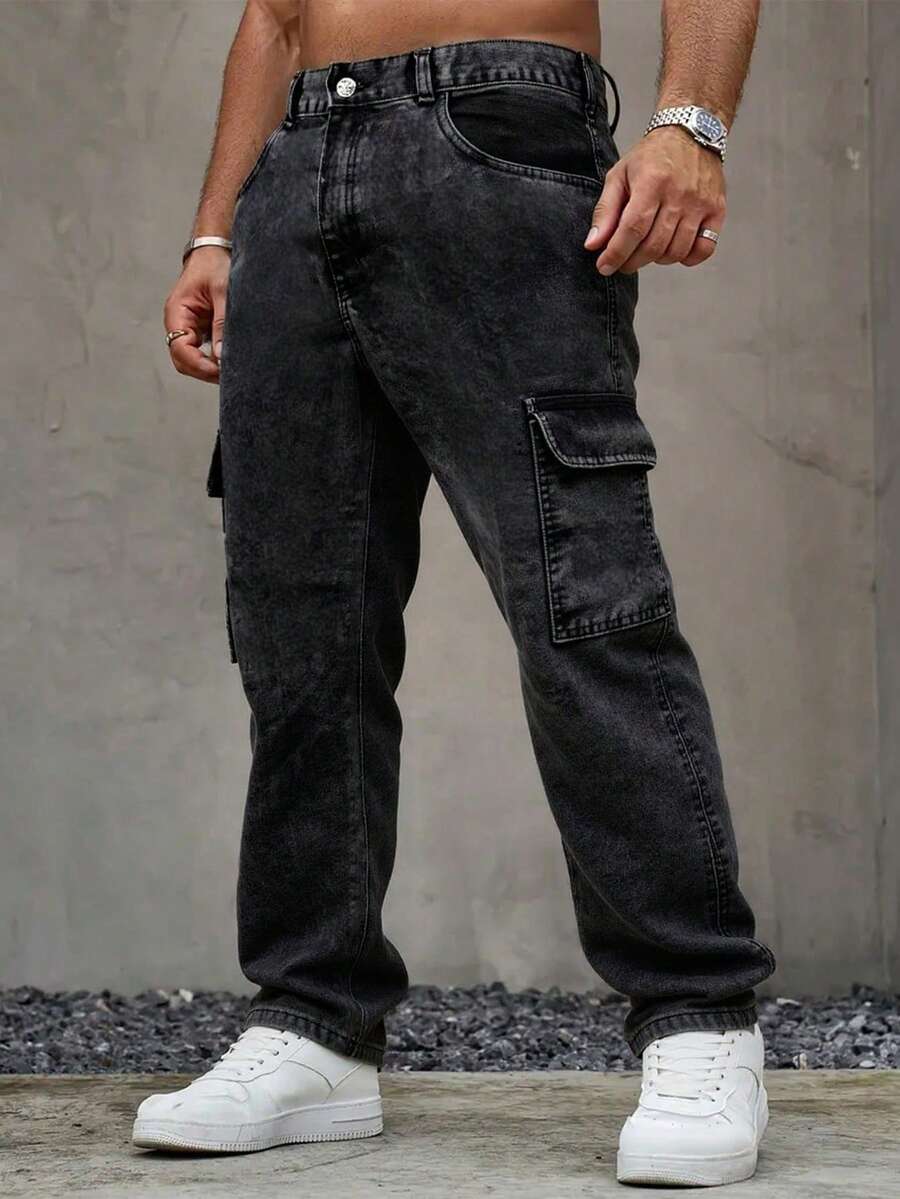 男士时尚工装口袋直筒宽松休闲牛仔裤 - 黑色 - 查看 1