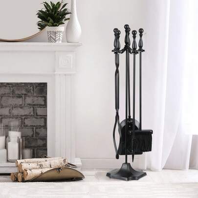 5PCS Fireplace Tools Wrought Iron Large Fire Tool Set And Holder W/Black Handles