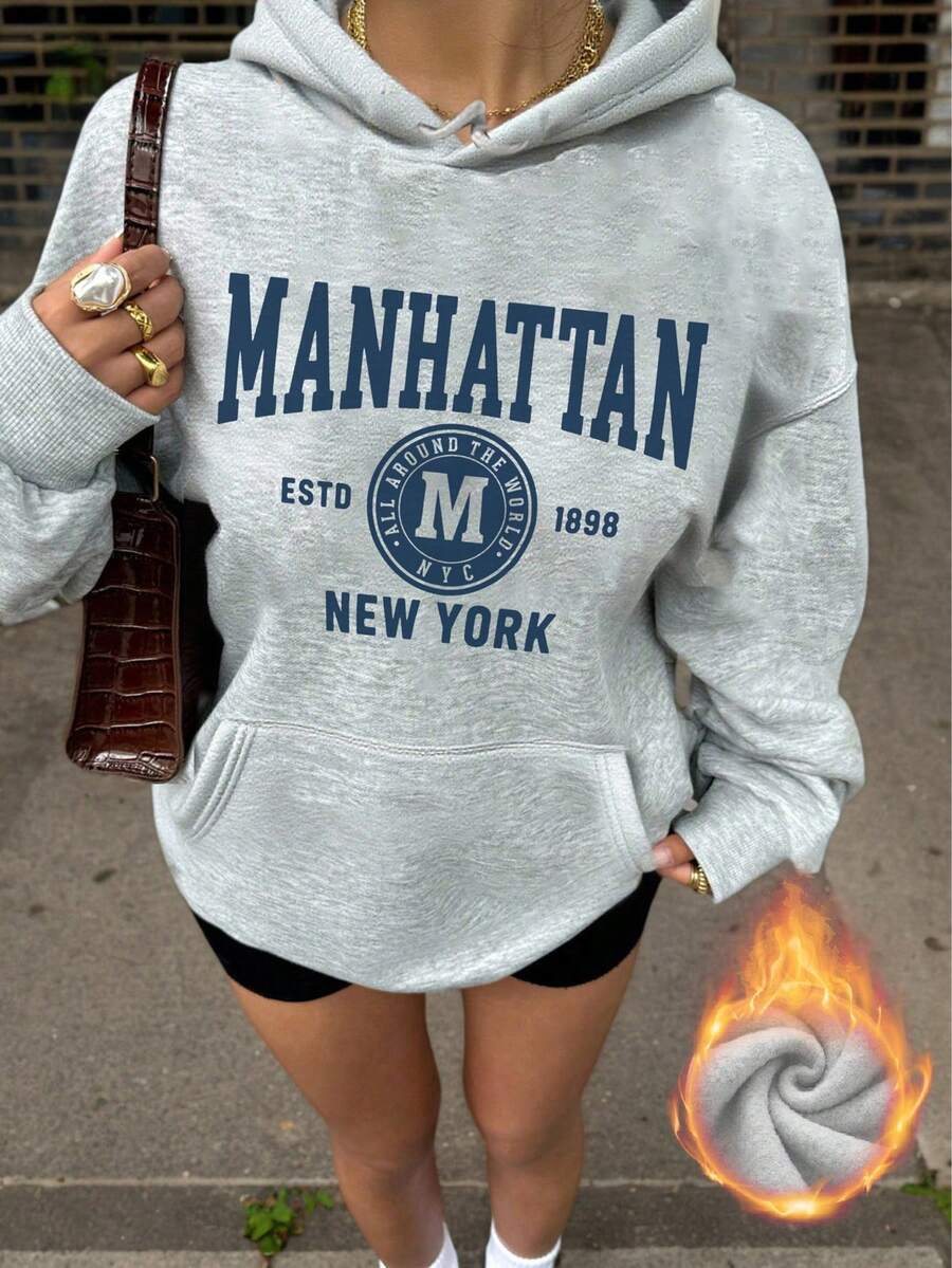 Sudadera con capucha de estilo casual con estampado de letras azules, de moda y versátil para uso diario, otoño/invierno