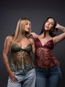 Sparkly Lace Blouse In Marsala With Sequins, 2000s Style - 紅木色 - 查看 6