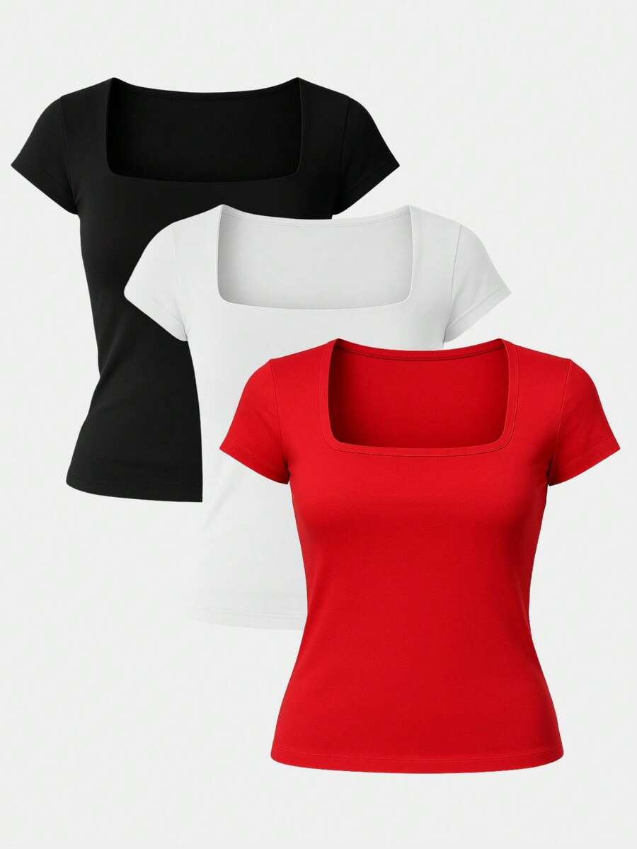 Set Of 3 Women's Short-Sleeve Blouses In Cool Mesh Spandex, Basic Square Neckline - Red, White and Black - View 1