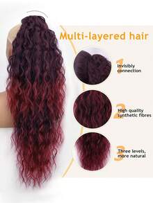 28 Inch Long Wavy Curly Ponytail Clip-In Hair Extensions, Multi-Layer Heat Resistant Synthetic Fiber, Wavy Curly Heat Resistant Fiber Wig, Unisex, Easy To Wear, Black Brown Long Extensions, Suitable For Parties And Daily Styling, Suitable For All Skin Tones, Basic Style, High Temperature Fiber, Natural Appearance - Red Ombre - View 6