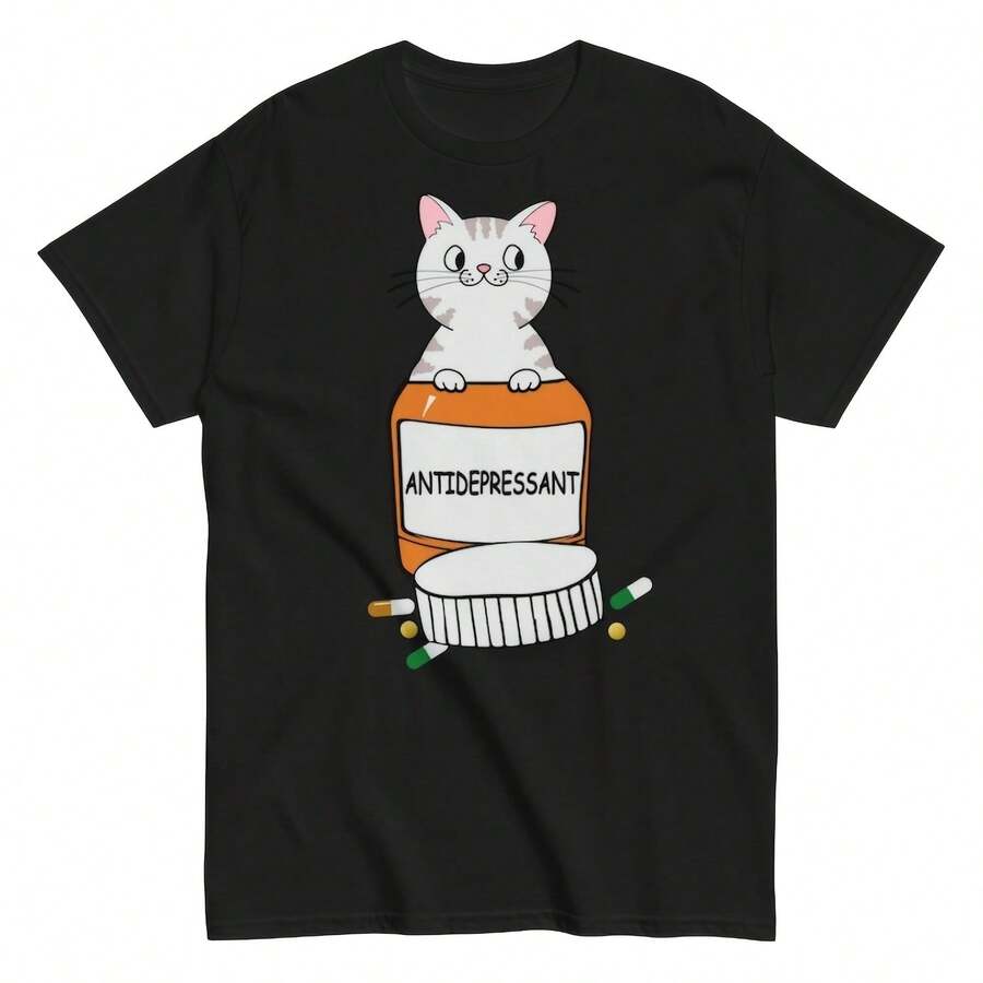 Camiseta antidepresiva para gatos: linda camiseta de terapia para gatos, camiseta antiestrés para gatos, regalo divertido para amantes de las mascotas, camiseta con gráfico de gato acogedor, camiseta clásica unisex - Negro - Ver 1