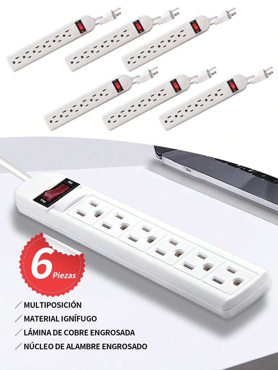 6pieza Multicontacto Extension, (barra 6 entradas)Cable de extensión para uso al aire libre, resistente y durable, compacto, ignífugo y con protección contra sobrecarga. Ideal para oficinas, cocinas, dormitorios, viajes y otros lugares. - 6 piezas - Ver 1