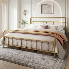 Butterslay Vintage Industrial Metal Platform Bed Frame - 12 Iron Slats Support, 12.6'' Underbed Storage & High Headboard/Footboard, No Box Spring Needed, Twin/Queen/King/Full - 古董金 - 查看 2