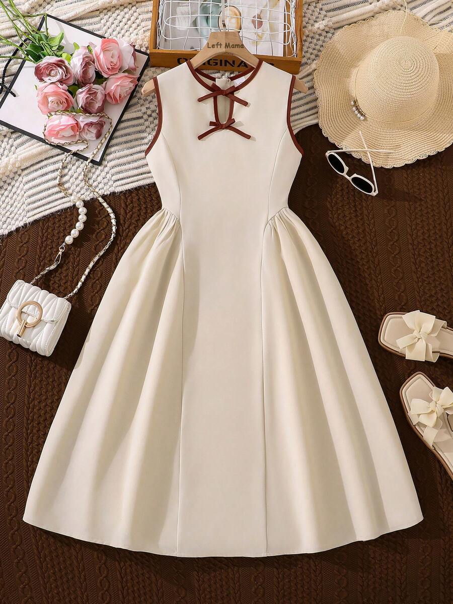 Left Mama Girls Elegant Minimalist Hollow Collar Bow Sleeveless Dress, Dignified Long Dress Suitable For Ramadan And Festivals, Summer - Apricot - View 1