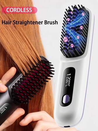 PinkSings מחליק שיער אלחוטי עם צג LCD מתכוונן טמפרטורה, מברשת החלקה מיני ניידת לנסיעות, מסרק חם יונים שליליים לנשים, עיצוב שיער, נגד כוויות, ציפוי קרמי