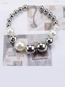 Silver-White Pearl Necklace, Fashionable ZA, New Style, Silver-White Round Pearl Necklace, Chic, Exaggerated, Double-Layer Design, Choker Necklace, For Women, Wholesale - Multicolor - View 3