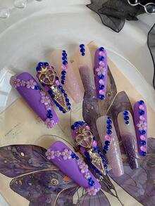 10pcs Reusable Press-On Nails, Suitable For All Seasons, Purple & Pink Contrast Design, Rhinestone Crown Decor, Luxurious & Exquisite, Vibrant Yet Elegant, Suitable For Weddings, Performances, Parties, Includes 1pc Jelly Gel And 1pc Friction Strip. Mother's Day, Graduation, Vacation Gift. Excellent Gift For Women & Girls, DIY Manicure Set With Full Nail Tools, Handmade Nail Decoration - Multicolor - View 3