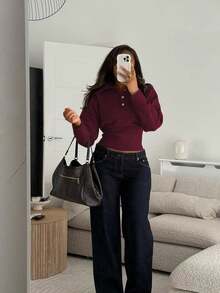 女士休闲复古高领修身长袖毛衣，灰色纯色落肩针织上衣，适合秋冬季节、日常通勤、商务休闲、外出以及返校、教师节等场合。 - 酒紅色 - 查看 1