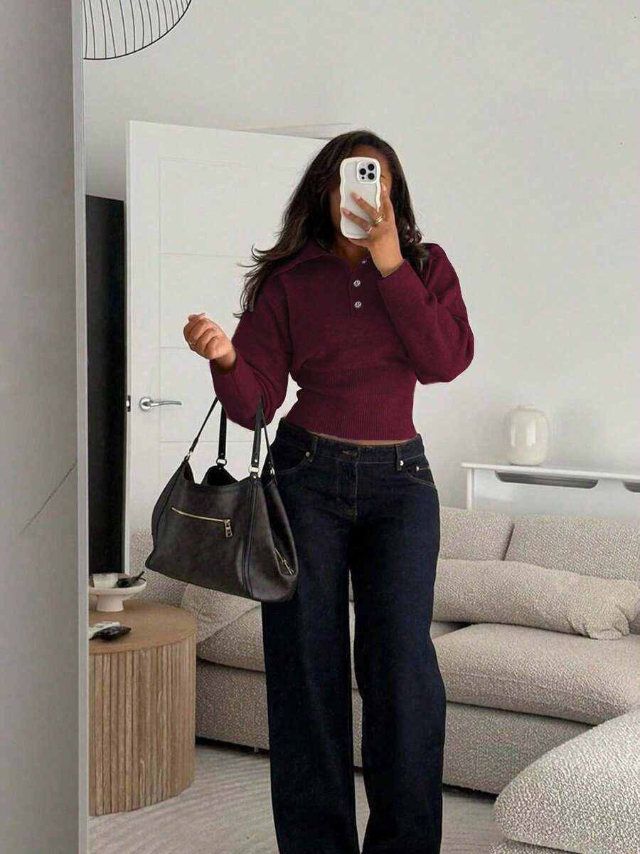 女士休闲复古高领修身长袖毛衣，灰色纯色落肩针织上衣，适合秋冬季节、日常通勤、商务休闲、外出以及返校、教师节等场合。 - 酒紅色 - 查看 1