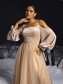 VIPGIRL Vestido de noche elegante de línea A de tul con tirantes finos y manga larga de unicolor simple - Caqui - Ver 6