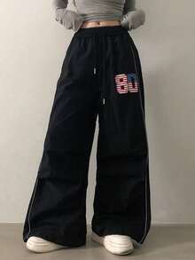 Vintage Flag Print Pleated Quick-Dry Paratrooper Pants For Women, Autumn Sports Wide Leg Jazz Dance Trousers - Black - View 4