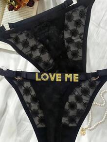 1pc Women's Customized Text & Floral Lace Black Sheer Sexy Lingerie, Seductive Thong, Suitable For Romantic Night & Valentine's Day Gift - Multicolor - View 8