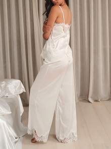Women 2 Piece Lace Satin Lounge Set Lace Patchwork Spaghetti Strap Off Shoulder Tank Top With Drawstring Wide Leg Long Pants Soft Fall Sleepwear Loungewear Sets - 白色 - 查看 3