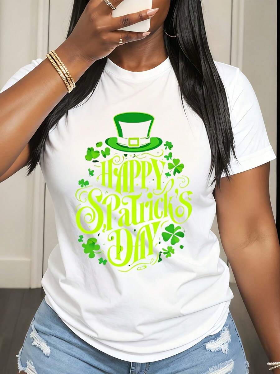 Happy St Patricks Day Shirt With Green Hat And Shamrocks Design For Women Casual T-Shirt Celebrate Irish Festival Wear For Saint Patricks Day Party Outfit - 白色 - 查看 1